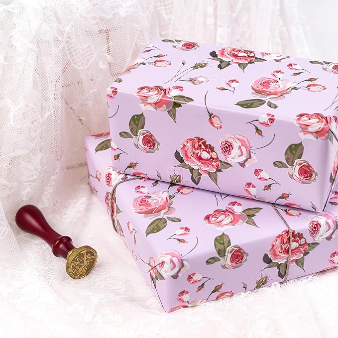 WRAPAHOLIC Pink Wrapping Paper Roll - Mini Roll - 3 Rolls - 17 Inch X 120 Inch Per Roll - Pink Floral Rose Gold Design for Wedding, Bridal Shower, Birthday, Baby Shower, Spring