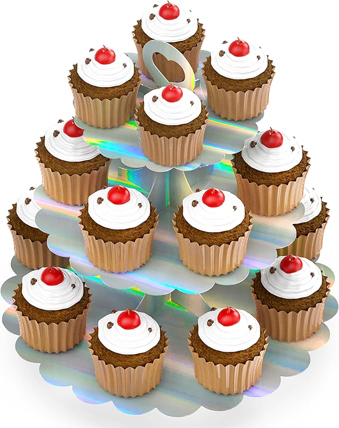 3-Tier Cupcake Stand Tower, Rainbow Silver Cardboard Cake Holder for Birthday Wedding Party Displays, Laser Silver Design - Space-Saving Dessert Table Decor (1 Pack) ﻿