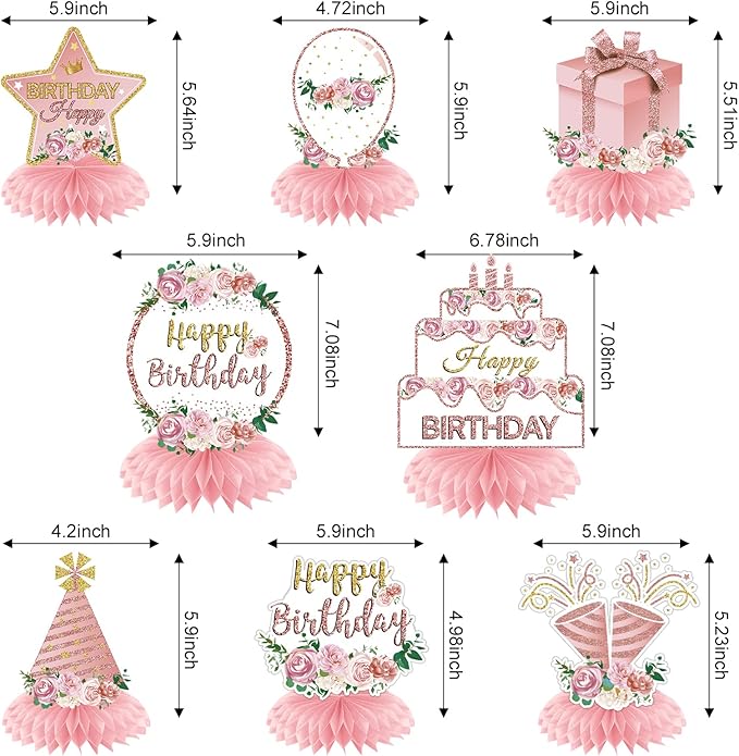 Aodocuto Pink Rose Gold Birthday Decorations Floral Honeycomb Centerpieces for Women Girls, 8pcs Floral Birthday Table Centerpiece Party Supplies, 16th 18th 21th 30th 40th 50th 60th Bday Table Topper