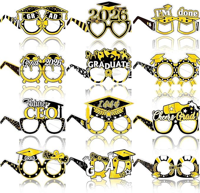 2026 Graduation Party Decorations Glasses, 12 Pcs Class of 2026 Grad Party Eyeglasses Photo Props, Graduation Photo Booth Props for Women Men College Graduation Favors Supplies (Gold)