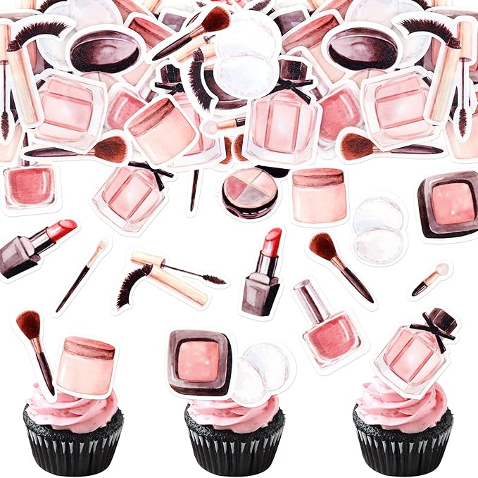 Ercadio 44Pcs Edible Make up Cupcake Toppers Mascara Cosmetics Lipstick Cupcake Picks Perfume Bottle Drink Topper Makeup Birthday Cupcake Decorations Bridal Shower Bachelorette Makeup Party Supplies