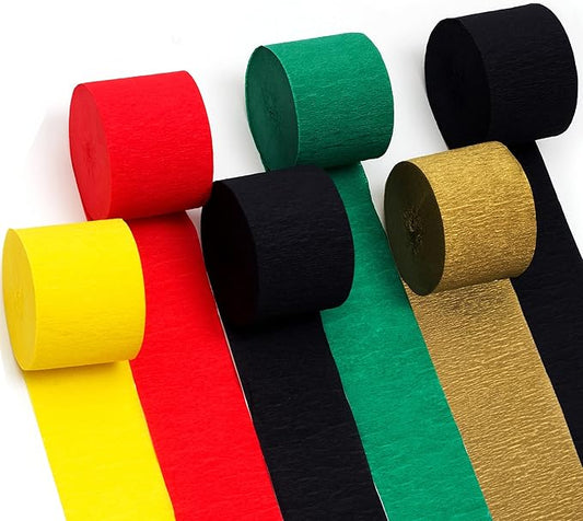 Crepe Paper Streamers 6 Rolls 492ft, Pack of Red Yellow Gold Black Green Streamers for Party Decoration,Christmas Decoration,Black History Month Decorations,(1.8 Inch x 82 Ft/Roll)