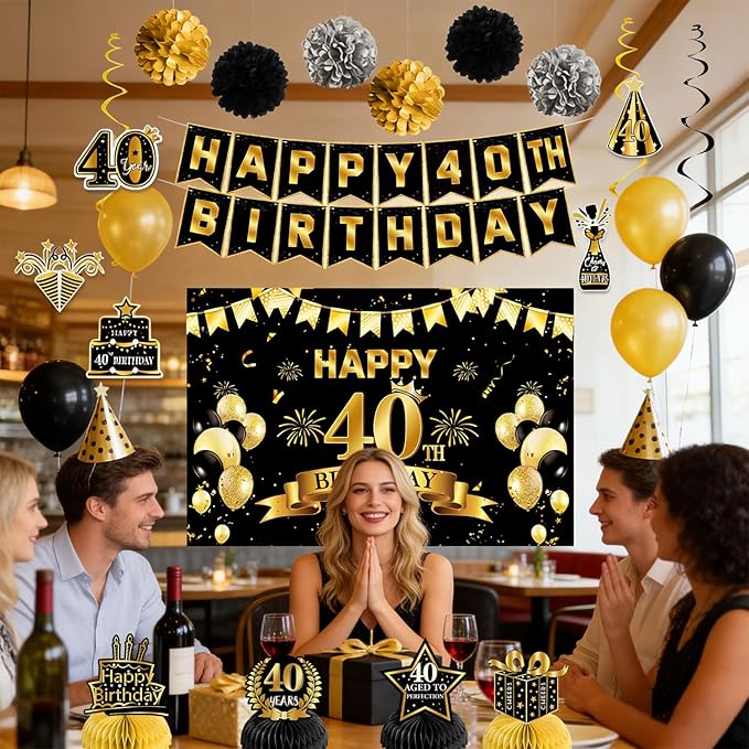 40th Birthday Decorations, Pre-Strung Happy Birthday Banner with Balloons, Backdrop, Honeycomb Centerpieces, Hanging Swirl Streamers, Black Gold Happy Birthday Party Decorations for Men Women