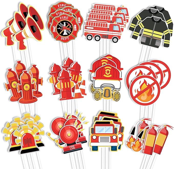 Whaline 72Pcs Fireman Themed Cupcake Topper 12 Designs Fire Truck Firefighter Cupcake Picks Fire Engine Rescue Food Picks with Glue Point for Birthday Baby Shower Party Supplies Cake Decor