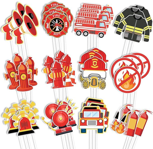 Whaline 72Pcs Fireman Themed Cupcake Topper 12 Designs Fire Truck Firefighter Cupcake Picks Fire Engine Rescue Food Picks with Glue Point for Birthday Baby Shower Party Supplies Cake Decor