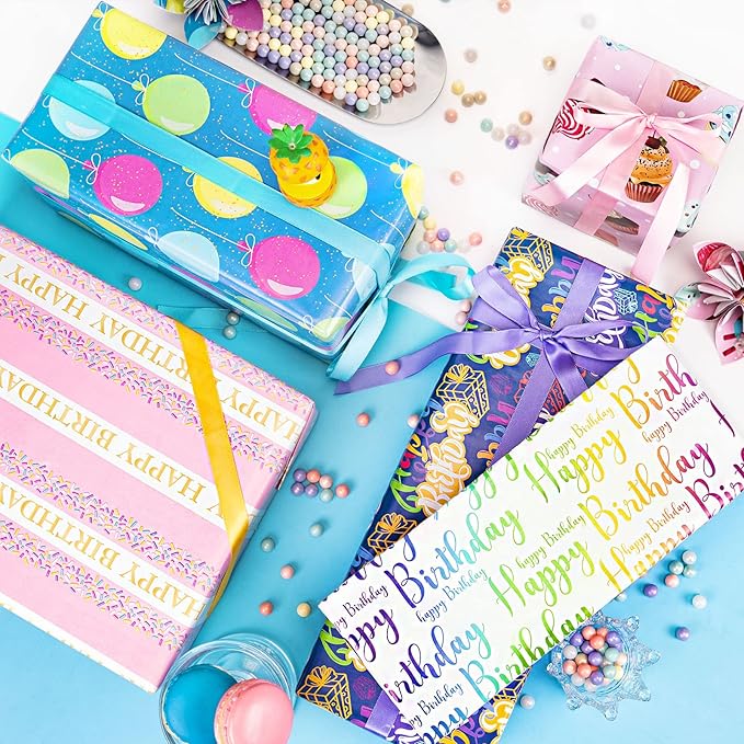 Larcenciel Birthday Wrapping Paper Set - 5 Sheets and 5 Silk Ribbons, Colorful Cupcake Balloon Gift Wrapping Paper, Glossy Coated Gift Wrap for All Girls Boys Women Men Birthdays Party (27.5x19.6inch)