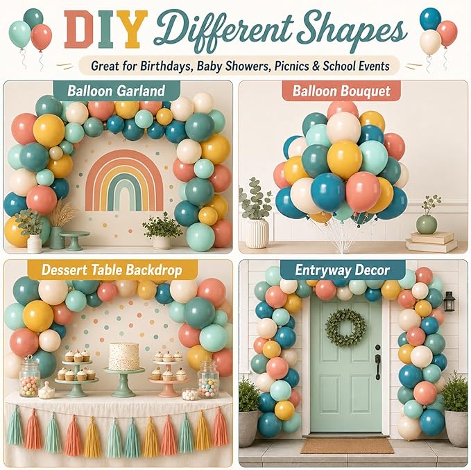 Colorful Balloons, 60Pcs Retro Multicolor Balloon, 12 Inch Latex Vintage Rainbow Balloons for Baby Shower Kids Birthday Party Carnival Graduation School Event Picnic Boho Theme Party Decoration