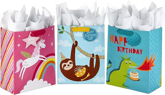 Hallmark 13" Large Kids Birthday Gift Bags Assortment with Tissue Paper - Sloth, Dinosaur, Unicorn (Pack of 3 Gift Bags, 9 Sheets of Tissue Paper)
