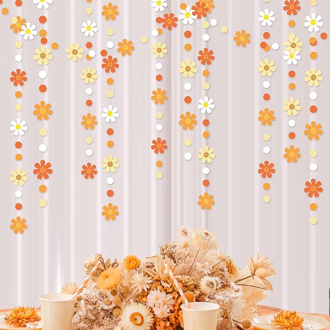 47.2 Ft Groovy Party Decorations Boho Daisy Polka Dot Garland Streamer Ombre Orange Daisy Banner Cutouts for Birthday Baby Shower Wedding Bridal Shower Spring Summer Fall Retro Hippie Decor Supplies