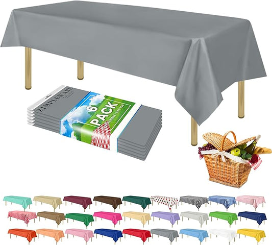 ZIMPLEWARE Premium Silver Plastic Table Cloth Disposable (6 Pk) Plastic Tablecloths for Rectangle Tables (54in x 108in) Party Table Cloths Disposable for 6ft to 8ft Rectangle Tables