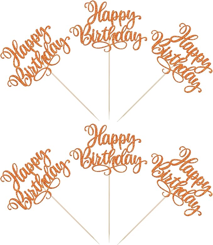 12 PCS Happy Birthday Centerpiece Sticks Double Sided Glitter Birthday Party Table Flower Centerpieces Anniversary Floral Decorations for Celebrating Birthday Party Centerpieces Supplies Orange