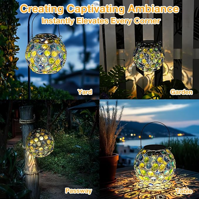 Uspring 2 Pack Crystal Mosaic Solar Lanterns Outdoor Waterproof Decorative Hanging Solar Lights for Outside, Gifts for Women Mom Grandma Garden Decor for Patio Backyard Porch Pathway Walkway, Blue