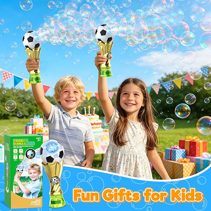 FUNZBO Bubble Machine for Kids - Soccer Trophy Bubble Wand with 2 Solution Refill, Automatic Bubble Blower, Bubbles Maker Blaster Toddler Outdoor Toys, 2026 Merchandise Birthday Gift for Boys Girls 3+