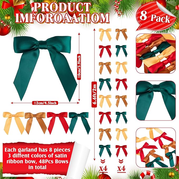 Taobary 8 Pcs 6.6 ft Bow Garland, Satin Ribbon Bow Banner Coquette Hanging Ornament for Photo Backdrop Birthday Party Wedding Bridal Baby Shower Wall Decorations(Red and Green,1 Inch)