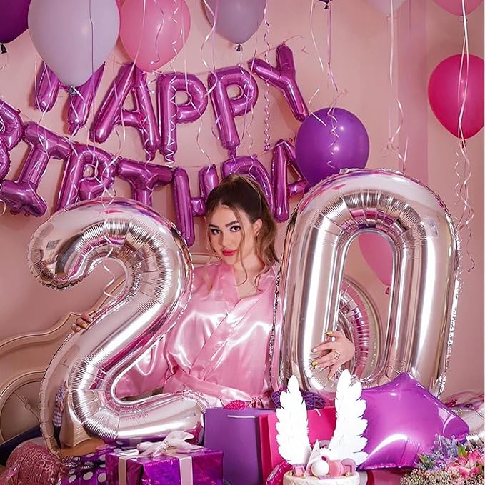 CANREVEL Happy Birthday Banner 13pcs 16 Inch Mylar Foil Letters with 12pcs Star Balloons Birthday Party Decorations for Kids and Adults - 3D Hot Pink