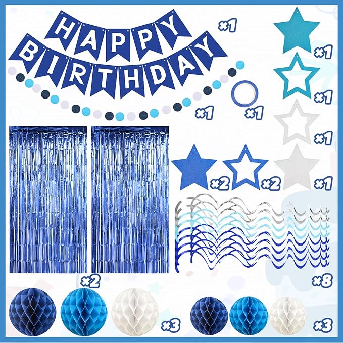 ZERODECO Birthday Decorations, Happy Birthday Banner with Paper Honeycomb, Star Hanging Swirl, Fringe Curtain, Garland, Birthday Party Decorations for Women Men Boys Girls (Navy Blue)