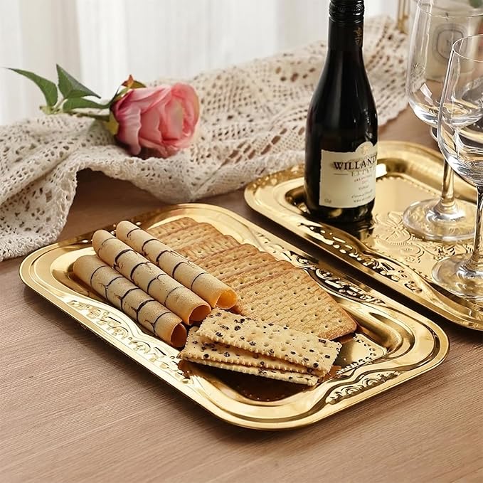 4-Pack Gold Serving Trays Set - ZENOVLUX Lightweight Bow Floral Engraved Mirror Decorative Tray, 13.8" x 8.7" Wedding Party Platters for BBQ, Food, Appetizer, Charcuterie, Cookies, Desserts