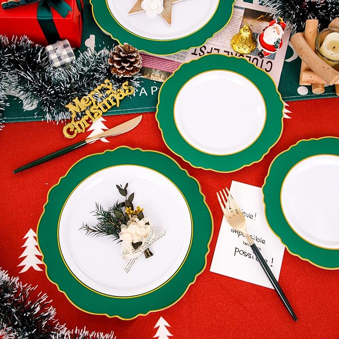 WDF 30Guest Green Plates Disposable - Gold Plastic Silverware With Green Handle - Baroque Green &Gold Plastic Dinnerware for Wedding/Birthday/Party