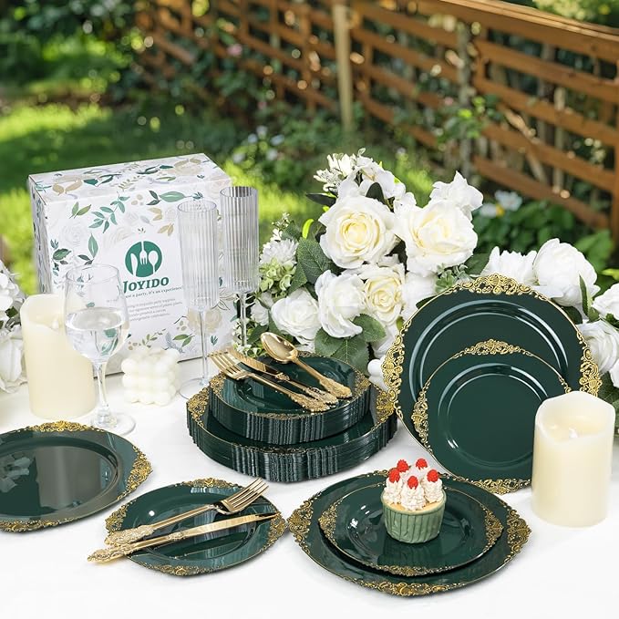 125PCS Green Plastic Plates - Green and Gold Disposable Plates - Fancy Vintage Plate with Gold Plastic Silverware Set for 25 Guests for Party Wedding Spring