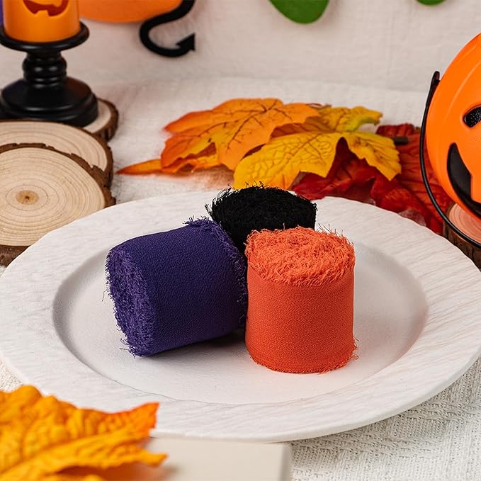 Halloween Ribbon, Black Orange Purple Silk Chiffon Ribbon, 1-1/2''x21Yd Handmade Frayed Fringe Ribbon for Wrapping, Halloween Party Supply, Floral Vase Decor, Birthday, 3 Rolls