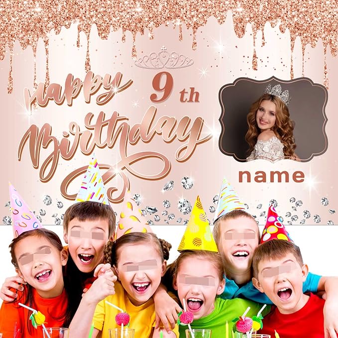 Customizable Rose Gold Happy 9th Birthday Decoration Banner - Personalized with Name and Photo