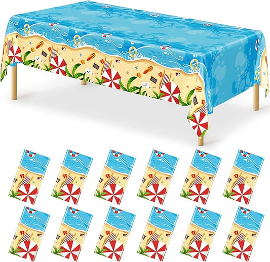 QZYL 12Pcs Summer Beach Tablecloth, 54 x 108 Inch Rectangle Beach Table Cloth, Disposable Summer Plastic Tablecloth Beach Party Decorations, Hawaiian Tropical Table Cover for Birthday Picnic Supplies