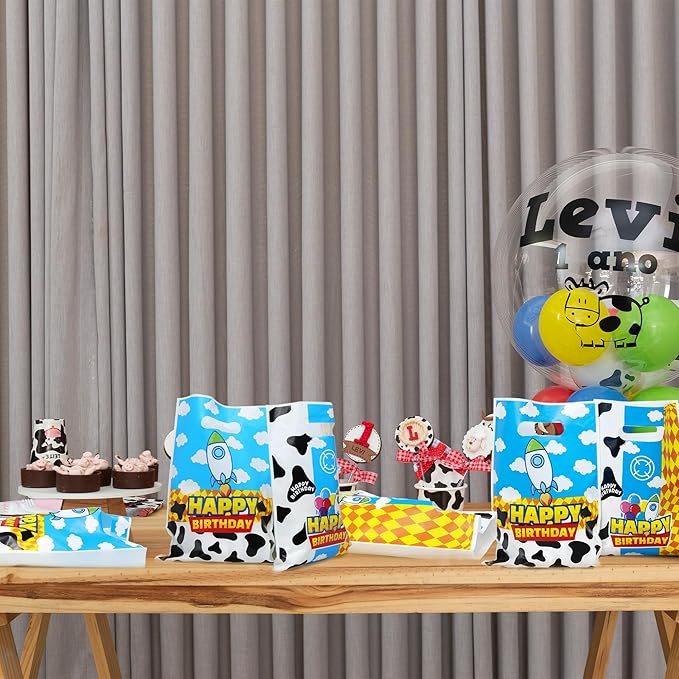 CHENRINDECO 50Pcs Cartoon Story Goodie Bags Cow Pattern Birthday Party Favor Bags Blue Sky White Cloud Plastic Bags with Handle for Toy Themed Birthday Party Supplies