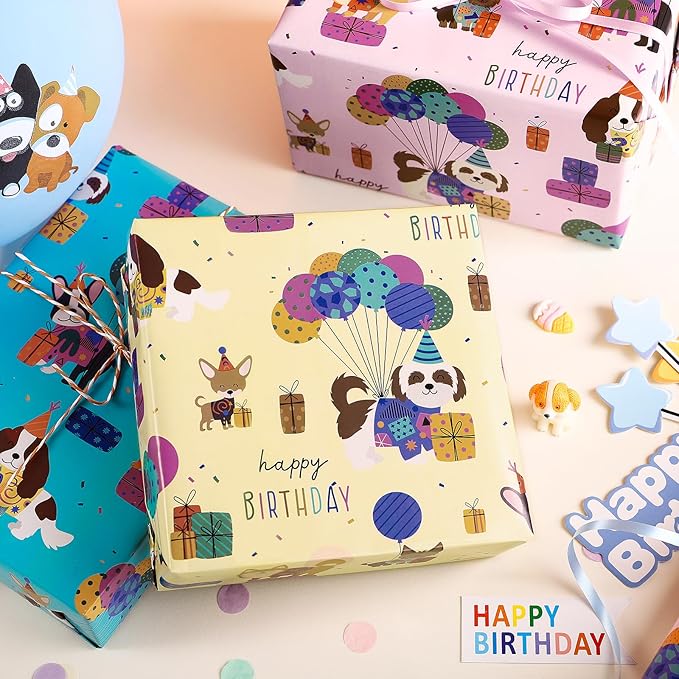 WRAPAHOLIC Dog Wrapping Paper Roll - 3 Short Roll - Birthday Puppy Dog Wrapping Paper for Kids Boys Girls Birthday, Pets Lover - 17 Inch x 120 Inch Per roll