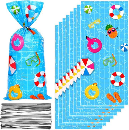 FYSUIMU 100 Pcs Summer Pool Party Cellophane Bags with Silver Twist Ties Beach Ball Plastic Goodie Candy Bag Cello Gift Bags for Hawaiian Pool Birthday Party Favors