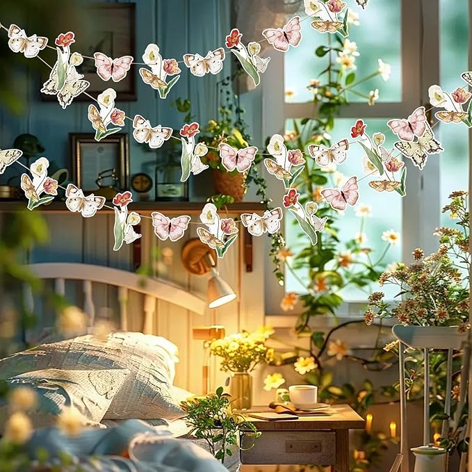 SUNBEAUTY Wildflower Butterfly Happy Birthday Banner Spring Floral Birthday Decorations Pre-Strung Butterfly Flower Garden Decor for Girls Women Baby Shower Wedding Tea Party