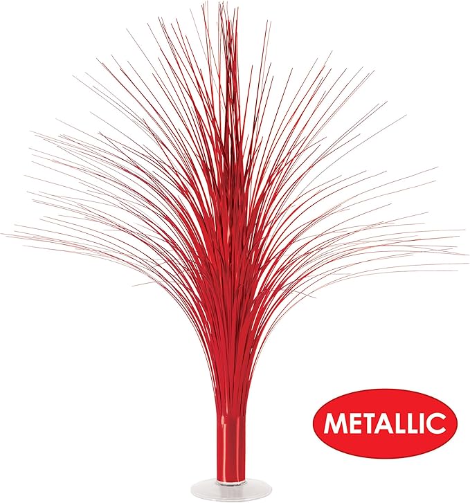 Beistle Red Metallic Spray Centerpieces – 3-Pack Tinsel Burst Table Decorations with Clear Base for Valentine's Day, Graduations, Birthdays, Christmas Holiday and Patriotic Celebrations, 19"