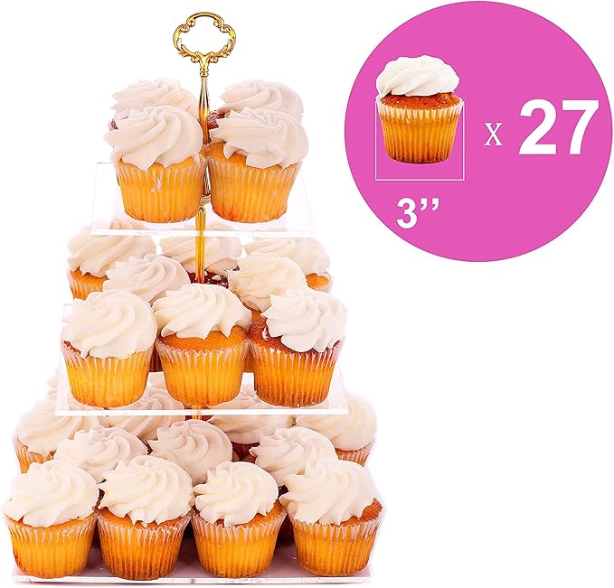 Jusalpha 3 Tier Acrylic Square Cupcake Stand, Dessert Display Tower (Gold Version 2, 1) 3SG-V2