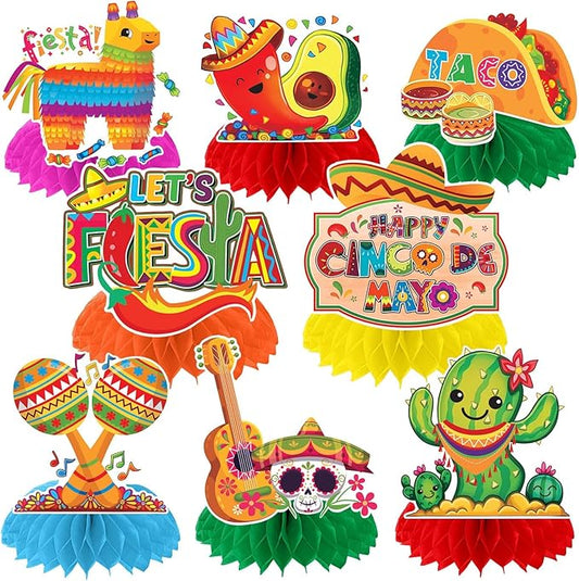 JULMELON 8PCS Cinco De Mayo Party Decorations, Mexican Fiesta Table Decorations Honeycomb Centerpiece for Mexican Theme Taco Party Birthday Supplies Fiesta Taco Bar Party Decor