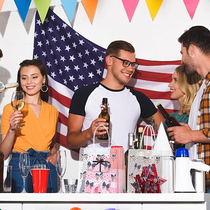 Supervitae 36 Pcs 4th of July Clear Favor Bags with Handle Reusable Red White Blue Bowknot Gift Bag Goodies Treats Totes for Independence Day Birthday Wedding Patriotic Party, 8 x 8 x 3.15 Inch