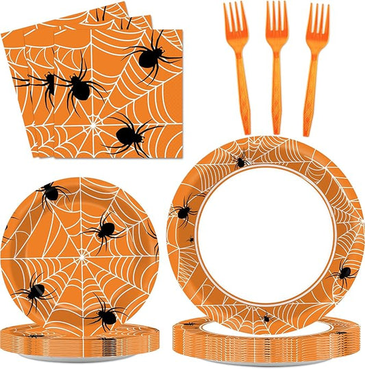 100 Pcs Spiderweb Party Plates and Napkins - Black and White Halloween Tableware Set for 25 Guests