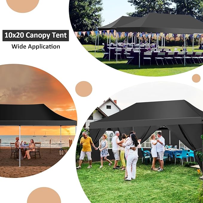 COBIZI 10x20 Pop Up Canopy with 6 Sidewalls, Conical Canopy Tents for Parties, Backyard, Commercial, Waterproof Event Tent Instant Shelter UV50+ Outdoor Gazebo with 4 Sandbags (Peak Drainage)
