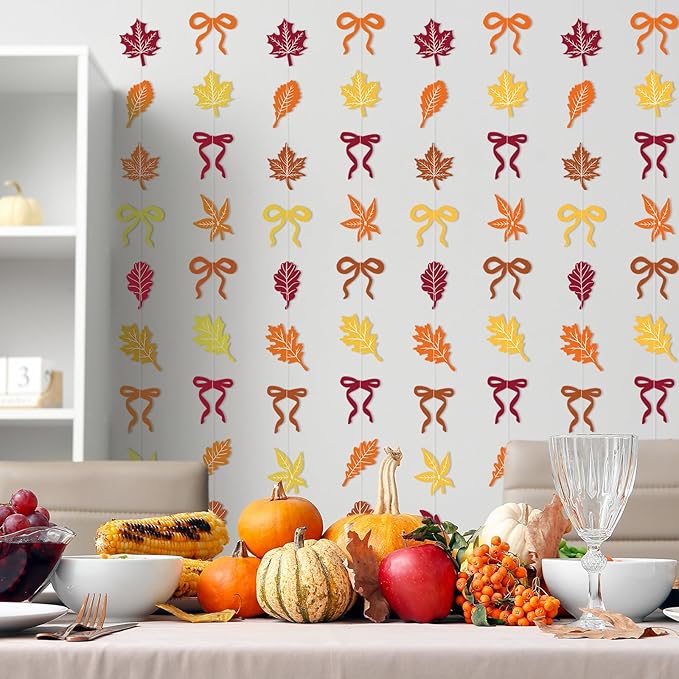 TaoBary 8 Pack Thanksgiving Fall Maple Leaves Garland Banner for Thanksgiving Mantle Decorations Autumn Home Farmhouse Decor Maple Leaf Bow Hanging Streamer for Wedding Birthday Party Supplies