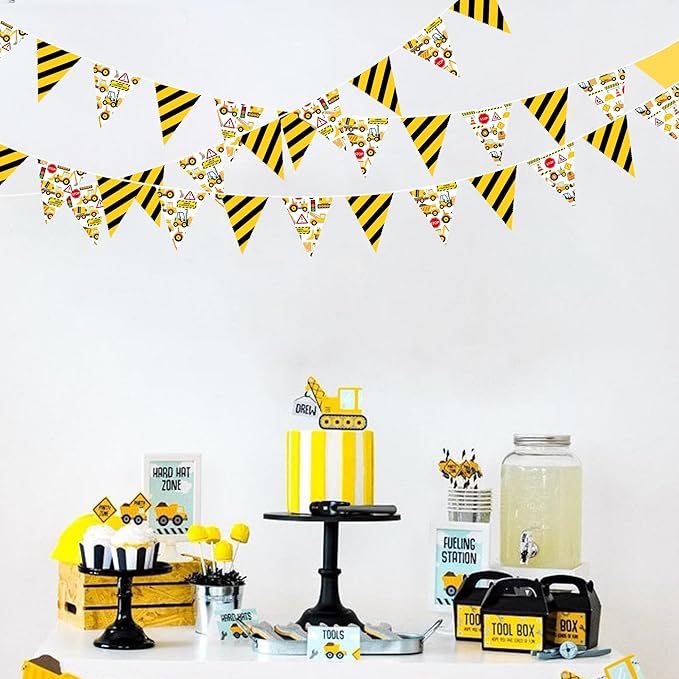 32Ft Construction Party Decorations Yellow Black Construction Themed Fabric Banner Triangle Pennant Flag Garland Streamers for Kids Dump Truck Birthday Excavator Tractor Baby Shower Decor Supplies