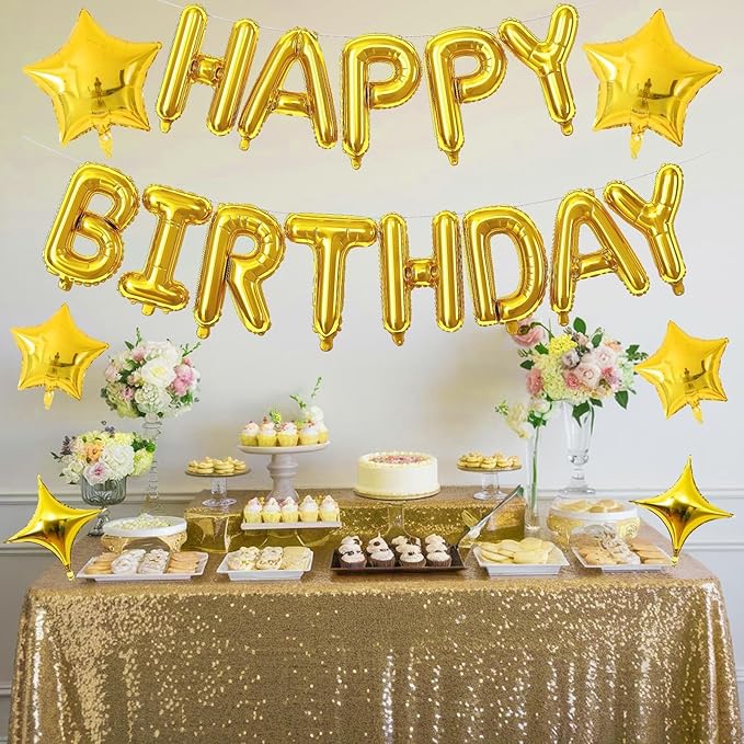Gold Happy Birthday Balloon Banner, 16 Inch Mylar Foil Letter Balloons, Reusable Birthday Decorations with Gold Star Foil Balloons, Inflatable Party Supplies for Men Women Boys Girls Decorations