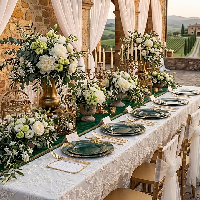 125PCS Green Plastic Plates - Green and Gold Disposable Plates - Fancy Vintage Plate with Gold Plastic Silverware Set for 25 Guests for Party Wedding Spring