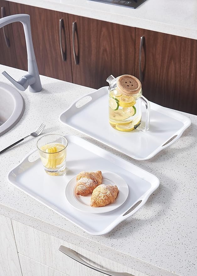 Blue Boat 14" x 10" Serving Trays Set of 4 White, Dinner Tray, Light Weight Easy to Clean Sturdy Stackable Melamine Serving Tray with Handle, Fruit, Snacks, and Desserts Trays
