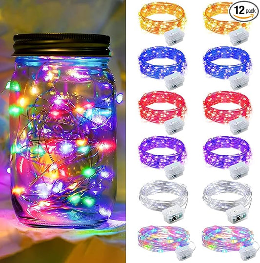 12 Pack Fairy Lights 7Ft 20 LED Twinkle String Lights Battery Operated Waterproof Firefly Starry for Mason Jar Party Wedding Christmas Valentines Day,6-Colors