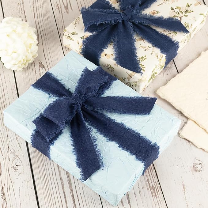 Navy Blue Cotton Ribbon 1 Inch Navy Blue 3 Rolls 21 Yards Frayed Edge Fabric Set for Formal Wedding Decor, Graduation Party, Gift Wrapping, Patriotic Party & Memorial Day