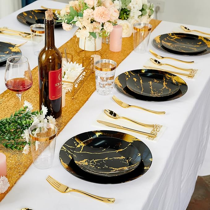 JOLLY PARTY 180PCS Disposable Dinnerware Set 30 Guest, 60 Black and Gold Plastic Plates, 30 Silverware, 30 Plastic Cups, Marble Design Dinnerware for Halloween, Wedding and Parties