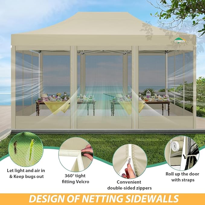COBIZI 10x15 Heavy Duty Pop up Canopy with 4 Sidewalls, Canopy Tent with Mosquito Netting, Easy up Screen Party Tents for Parties Wedding Patio Backyard Commercial Gazebo with Handbag, Khaki