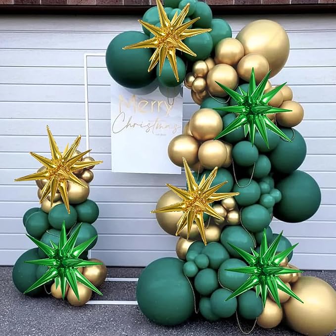 TONIFUL 8 Pcs Green Gold Foil Balloons Large Star Balloons Explosion Star Mylar Balloons for Party Backdrop Christmas New Year Birthday Wedding Baby Shower Graduation Anniversary Photo Booth Supplies