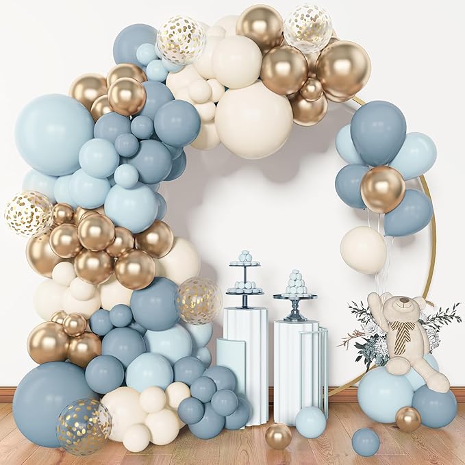 Amandir 153pcs Dusty Blue Balloon Garland Arch Kit, Different Sizes 18 12 10 5 inch Blue White Sand Latex Metallic Confetti Gold Balloons Baptism Birthday Boho Baby Shower Party Decoration Supplies