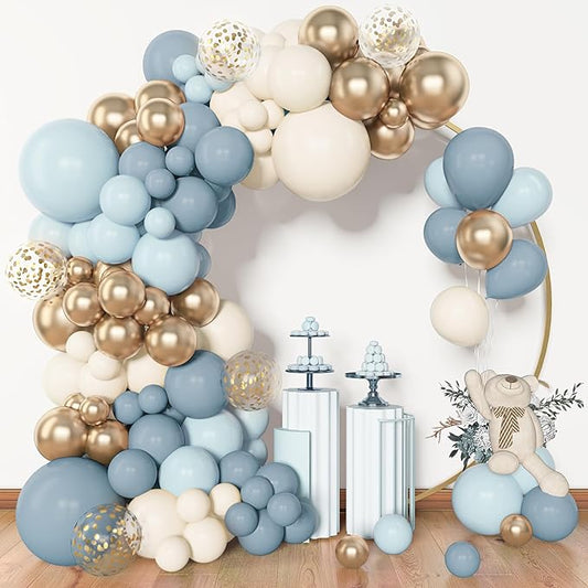 Amandir 153pcs Dusty Blue Balloon Garland Arch Kit, Different Sizes 18 12 10 5 inch Blue White Sand Latex Metallic Confetti Gold Balloons Baptism Birthday Boho Baby Shower Party Decoration Supplies