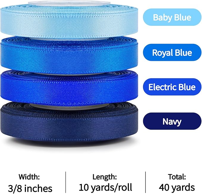 Mauproy 3/8 Inch Blue Satin Ribbon, 4 Rolls Total 40 Yards, Double Faced Mixed Blue Thin Ribbon for Gift Wrapping, Flower Bouquets, Crafts, Wedding, Father's Day Decorations