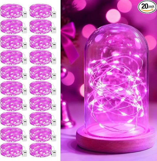 litogo 20 Pack 7FT 20 LED Fairy Lights Battery Operated, 3 Lighting Modes, Bulk Mini Twinkle String Lights Waterproof Silver Wire for Weddings Mason Jars Party Christmas Decorations-Pink